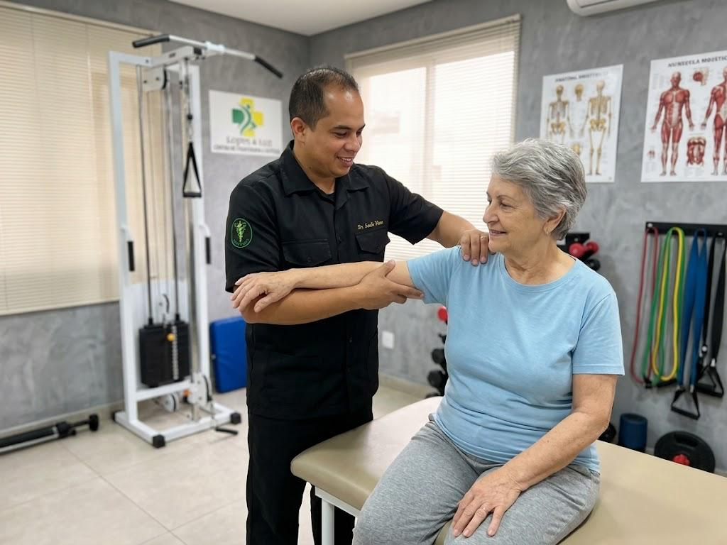Fisioterapeuta auxiliando uma paciente idosa durante a reabilitação